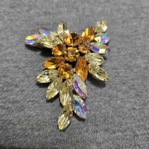 Vintage Rhinestone Brooch Faceted Navette And Round Stones Amber Citrine Honey